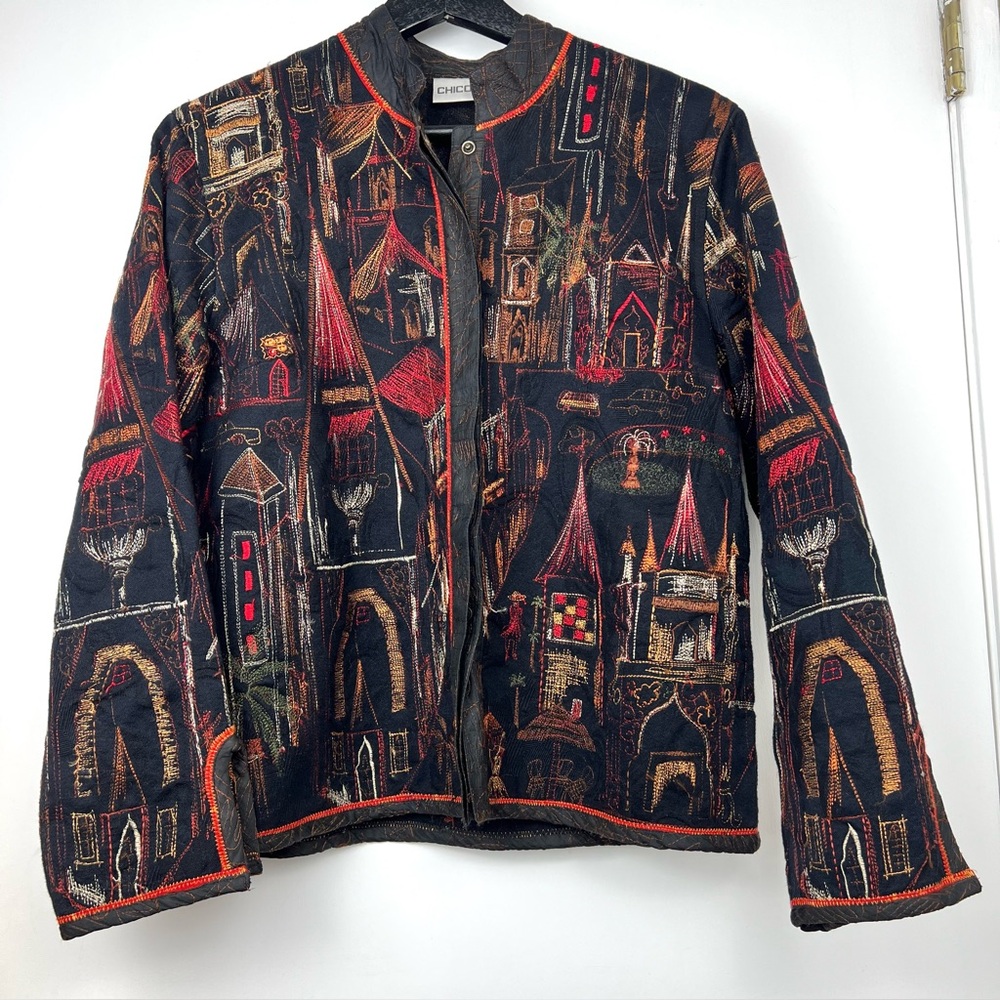 Chico’s Embroidered Nuhru Collar Jacket Blazer size 0 (XL) Black Multi Artistic